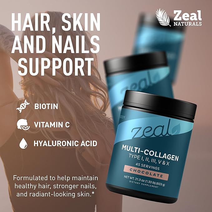 Zeal Naturals Multi Collagen Protein Peptides Powder Types I II III V X - Vitamin C Biotin &amp Hyaluronic Acid - Hair Skin &amp Nails - Marine Bovine Chicken &amp Eggshell - Chocolate 45 Serv