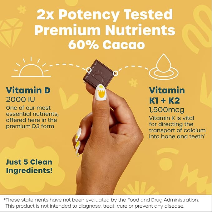 Fx Chocolate Sunshine - Vitamin D Sugar Free Chocolate for Mood Immune &amp Bone Support - 2000 IU D3 with Vitamin K Keto (30 Pieces)