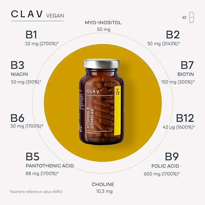 CLAV Vitamin B Complex - 120 Capsules - All 8 B Vitamins with Co-Factors Myo-Inositol &amp Choline - Supports Energy Metabolism - Vegan - Made in Germany