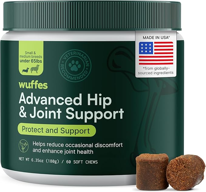 Wuffes Advanced Dog Hip and Joint Supplement with Glucosamine Chondroitin Omega 3 MSM and Green Lipped Mussel 60 Pork Flavored Chews for Small and Medium Dog Breeds