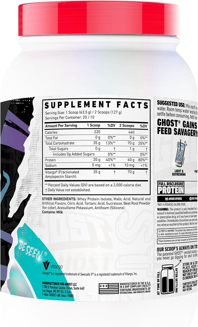 GHOST Clear Gains Mass Gainer Protein Powder - Post-Workout Weight Gainer Mix - 40g of Whey Protein Isolate 440 Calories &amp 70g Vitargo Carbs - Lean Muscle Building &amp Recovery - Strawberry Wat