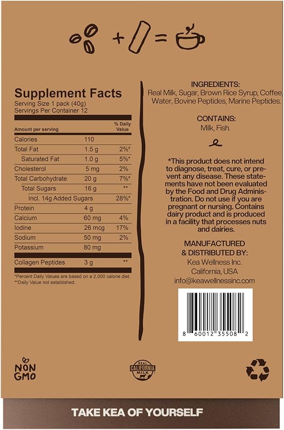 Liquid Instant Café Latte with Collagen – All-Natural Creamer with Hydrolyzed Bovine &amp Marine Peptides (Types I II III) for Hair Skin Nails Bones &amp Joints – 12 Single-Serve Packs