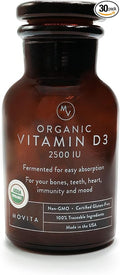 Movita Certified Organic Vitamin D3 2500IU – Supports Energy Immune Health &amp Bone Strength – Fermented Whole Foods Organic Vegan Gluten-Free Non-GMO – 30-Day Supply (Glass Bottle)
