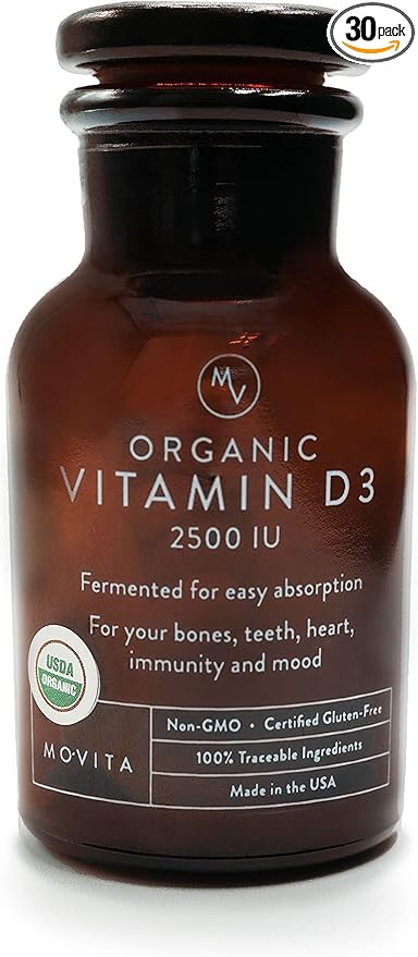 Movita Certified Organic Vitamin D3 2500IU – Supports Energy Immune Health &amp Bone Strength – Fermented Whole Foods Organic Vegan Gluten-Free Non-GMO – 30-Day Supply (Glass Bottle)