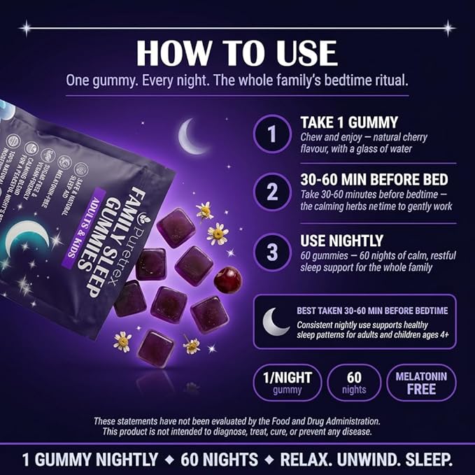 Family Sleep Gummies for Adults &amp Kids – Melatonin-Free Cherry Flavor – Vegan Sugar-Free Natural Calming Blend with Magnesium L-Theanine Chamomile &amp Ashwagandha – 60 Gummies