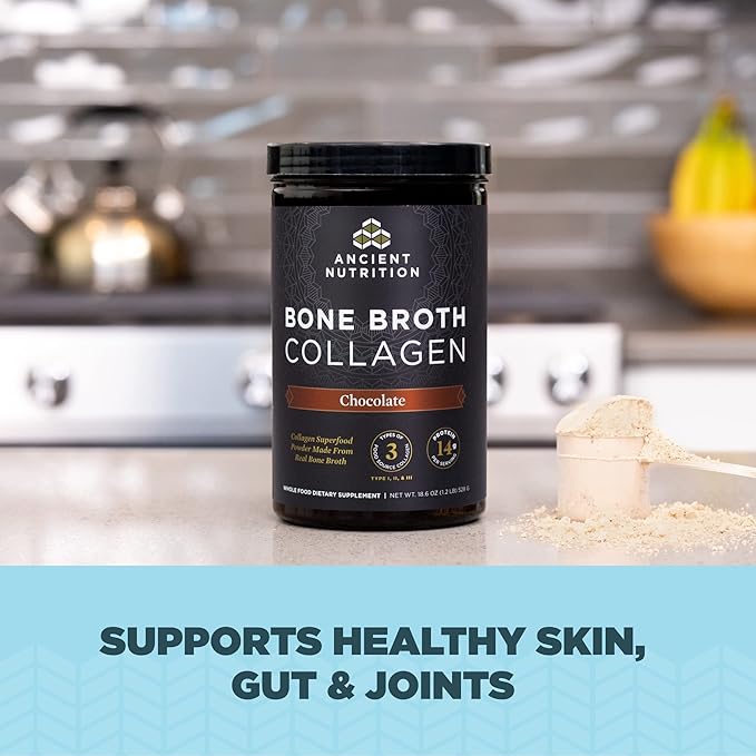 Ancient Nutrition Collagen Powder Bone Broth Collagen Chocolate Hydrolyzed Multi Collagen Peptides Supports Skin and Nails Joint Supplement 30 Servings 18.6oz