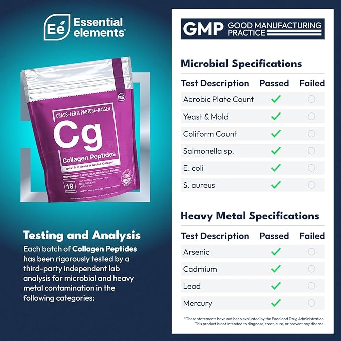 Essential Elements Hydrolyzed Collagen Peptides Powder for Men &amp Women - Joint Skin Hair &amp Nail Support - 15 Grams of Type I &amp III Grass-Fed Bovine Collagen - 30 Servings