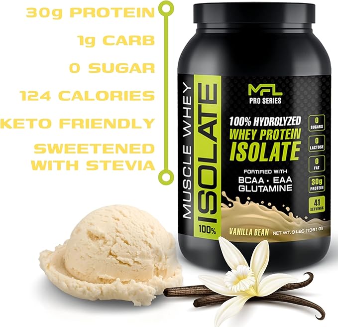 MFL 100% Isolate Protein l 30g of Protein l BCAAs l Keto Friendly l Low Carbs l Gluten Free l 3 lbs. (Vanilla Bean)