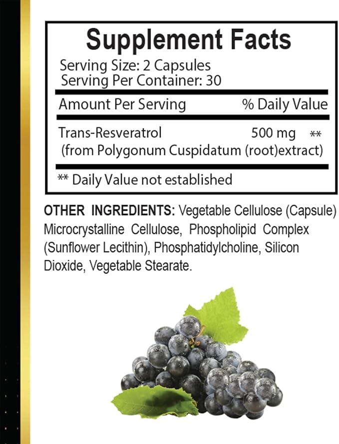 Trans-Resveratrol Capsules | Natural Antioxidant | Healthy Aging &amp Energy Support Formula | Joint &amp Mobility Support - 2 Bottles 120 Capsules