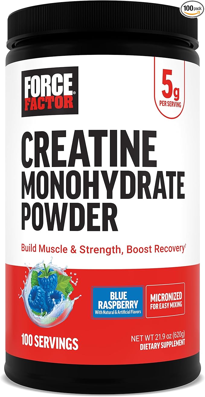 Force Factor Creatine Monohydrate Powder 5g Micronized Dose to Support Muscle Growth Strength Recovery Cognitive Health &amp Working Memory Blue Raspberry 100 Servings