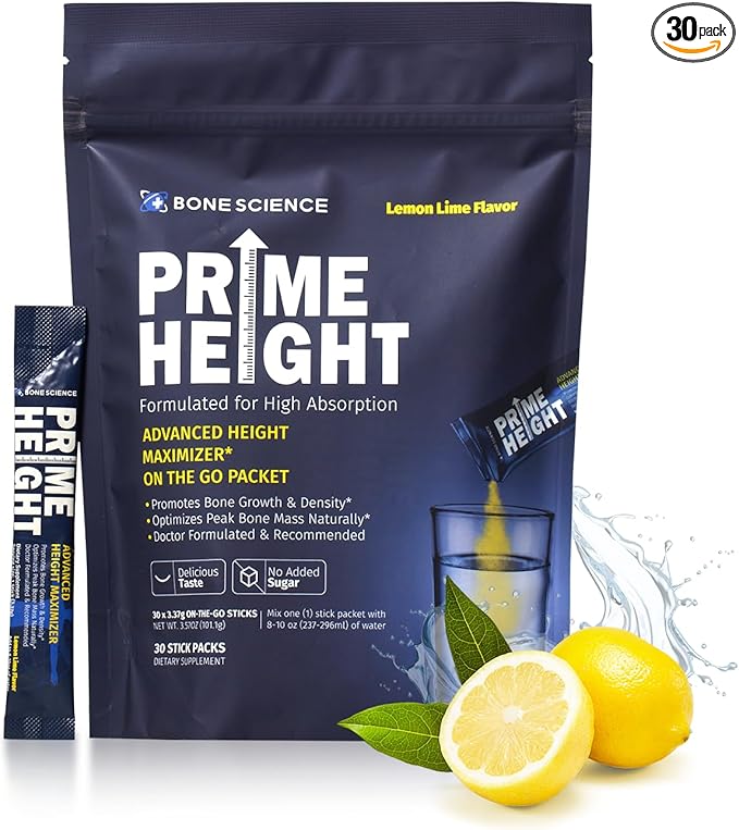 BONE SCIENCE Prime Height Multivitamin Powder for Kids &amp Teens Bone &amp Immune Support Sugar-Free Lemon Lime Flavor 16 Key Nutrients Easy Drink Mix 30 Sticks