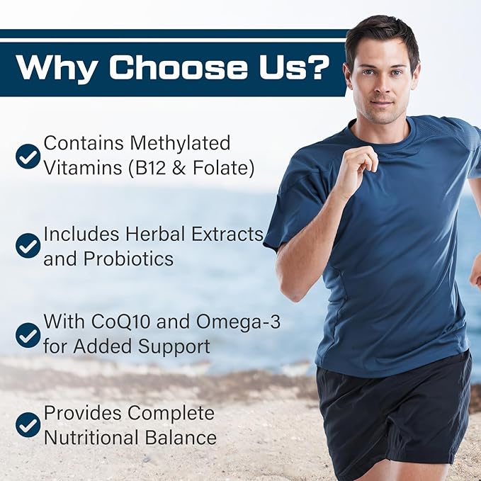 Multivitamin for Men 50+ with Methylated B12 &amp Folate Omega-3 &amp CoQ10 – Fermented Herbal Blend 43 Vitamins &amp Minerals – Supports Brain &amp Memory and Immune Health - 90 Capsules