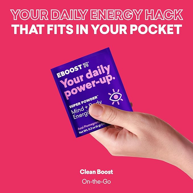 EBOOST SUPER POWDER Drink Mix - Acai Pomegranate 0.2 oz 20 Pack Hydration Energizer Electrolytes Powder - 13 Vitamins &amp Minerals - 110 mg Caffeine - 0 Added Sugar - No Artificial Flavors or Sweete