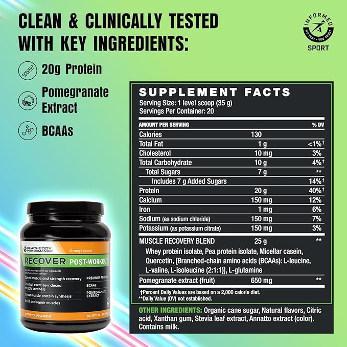 BODi Recover Whey Protein Powder Blend– Post-Workout Orange Whey Supplement for Muscle Recovery with 20g Protein BCAAs Pomegranate Extract - Fast Recovery - 20 Serving Tub