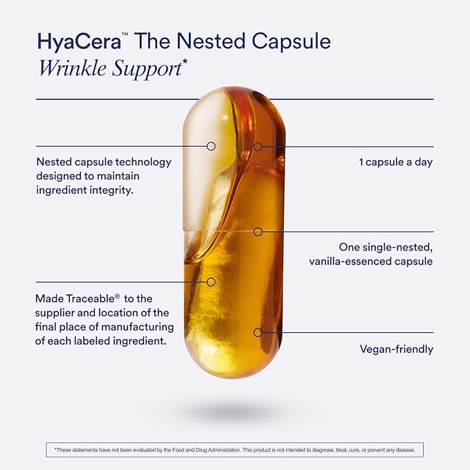 Ritual HyaCera Skin Supplement for Wrinkle Support with Hyabest® and Ceratiq® for Skin Hydration Support Hyaluronic Acid Glycolipids Ceramides Gluten Free Non GMO Vanilla Essence 30 Day Supply