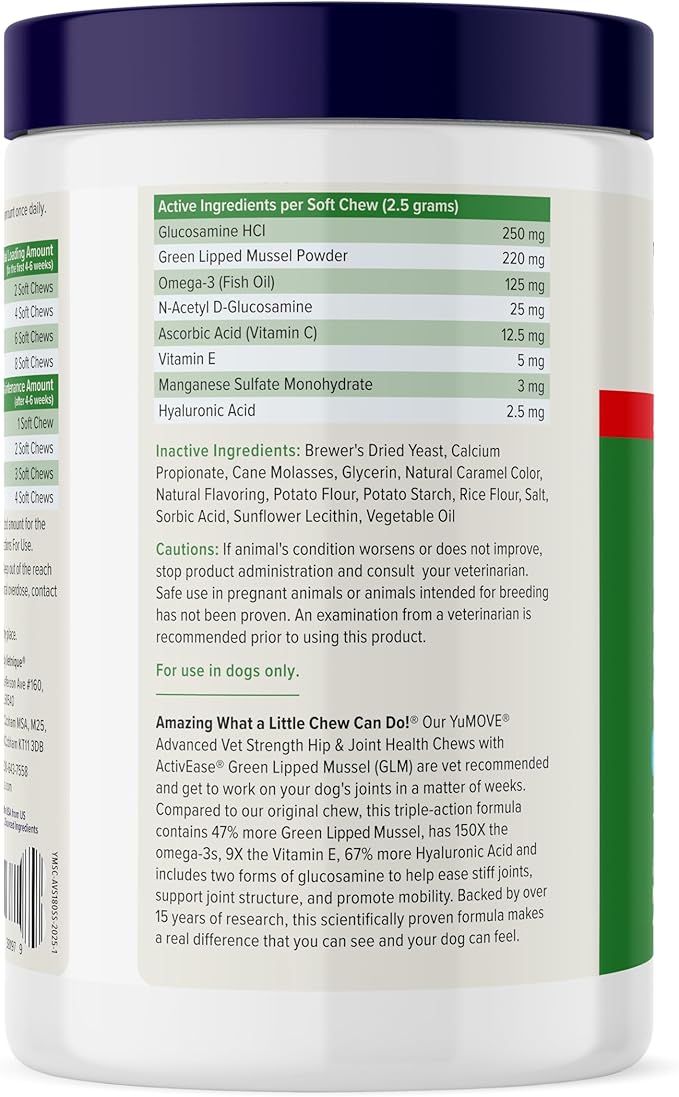 Yumove Hip &amp Joint Supplement for Dogs with Glucosamine Hyaluronic Acid Green Lipped Mussel &amp Omega 3 Joint Supplement - Regular or Advanced Strength (180 Count Advanced Vet Strength Soft C