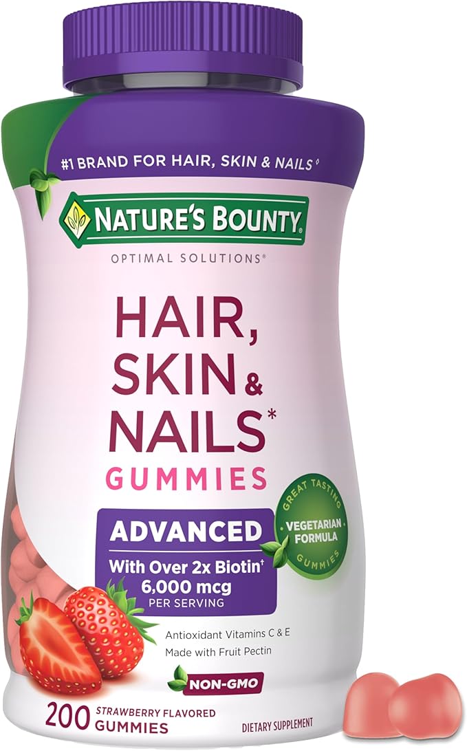 Nature’s Bounty Optimal Solutions Advanced Hair Skin and Nails Pectin Gummies 2x Biotin Per Serving No Stick Gummy Vegetarian Formula Strawberry Flavor 200 ct 100 Total Servings