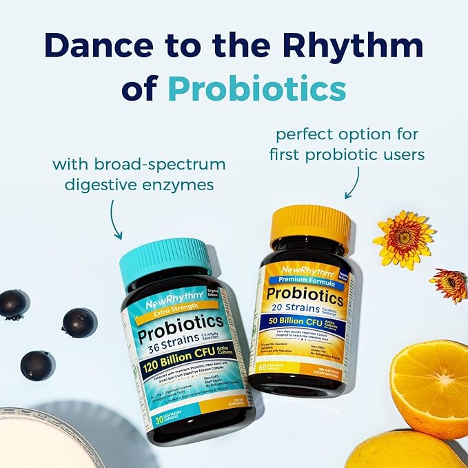 NewRhythm Probiotics 120 Billion CFU 36 Strains 3-in-1 Probiotics with Prebiotics &amp Enzymes Probioticos for Women &amp Men Vegan Targeted Release Supplement 30ct