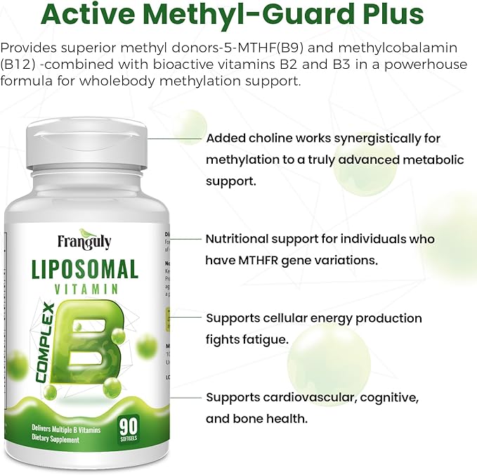 Liposomal B Complex for High Absorption Methylated B12L-Methyfolate(5-MTHF )Full Active B Vitamins with Choline Inositol-Energy MetabolismBrain &amp Heart SupportVegan Non-GMO3 Month Supply