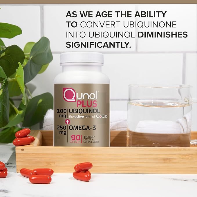 Qunol Plus Ubiquinol CoQ10 100mg with Omega 3 Fish Oil 250mgExtra Strength Antioxidant Supplement90 Count (Pack of 2)
