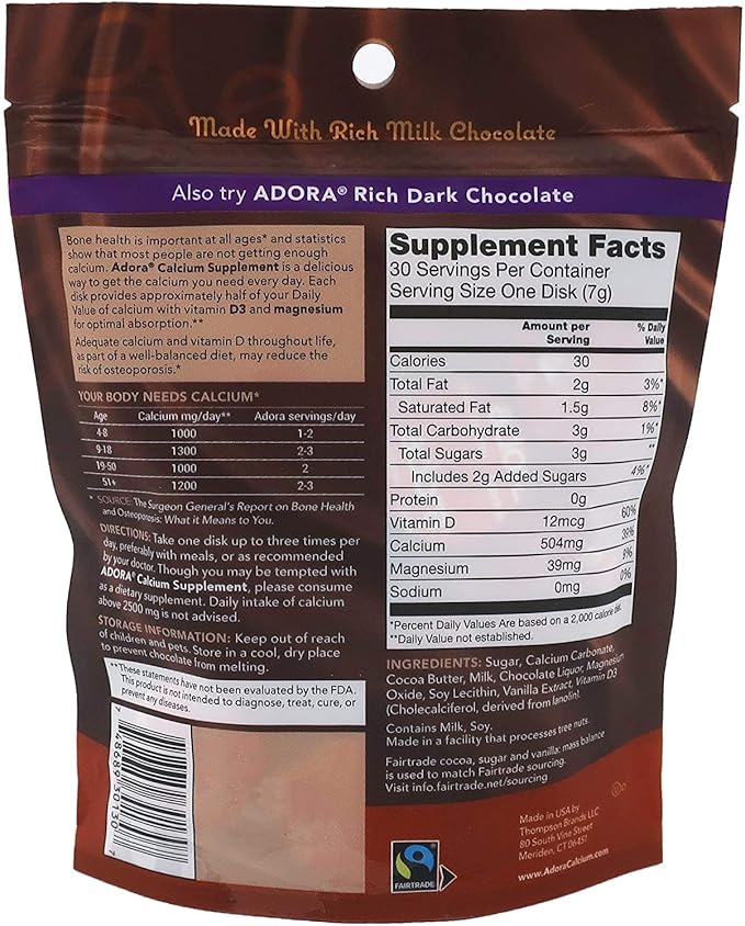 Adora Premium Vitamin D3 Magnesium and Calcium Supplement 500 mg Milk Chocolate 30 Count (Pack of 2)