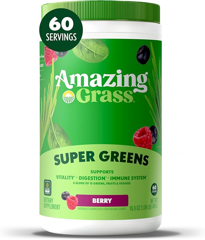 Amazing Grass Greens Blend Superfood: Super Greens Powder Smoothie Mix with Spirulina Chlorella Beet Root Powder Digestive Enzymes &amp Probiotics Berry 60 Servings (Packaging May Vary)