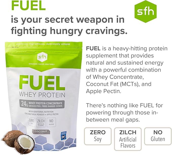 SFH Fuel Whey Protein Powder Great Tasting Grass Fed Whey | MCTs &amp Fiber for Energy | All Natural | Soy Free Gluten Free No RBST No Artificial Flavors (Coconut (2lb Bag))