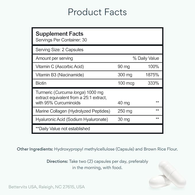 Bettervits Niacinamide Supplement with Vitamin B3 Marine Collagen &amp Hyaluronic Acid | High-Strength Vitamin B3 Capsules 300 mg. with Turmeric for Energy Metabolism &amp Skin Support - 60 Capsule