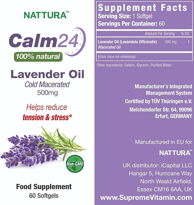 Nattura Calm Aid Lavender Oil Pills - 500mg - 60 Softgels - 100% Natural Helps Reduce Stress Calming for Body &amp Mind Non-GMO Certified Kosher