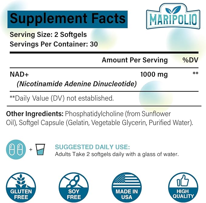 Liposomal NAD+ 1000 mg Supplement | High Bioavailability Liposomal Delivery | Cellular Energy &amp Wellness Support | Pure NAD+ Dietary Supplement for MenWomen 60 Softgels