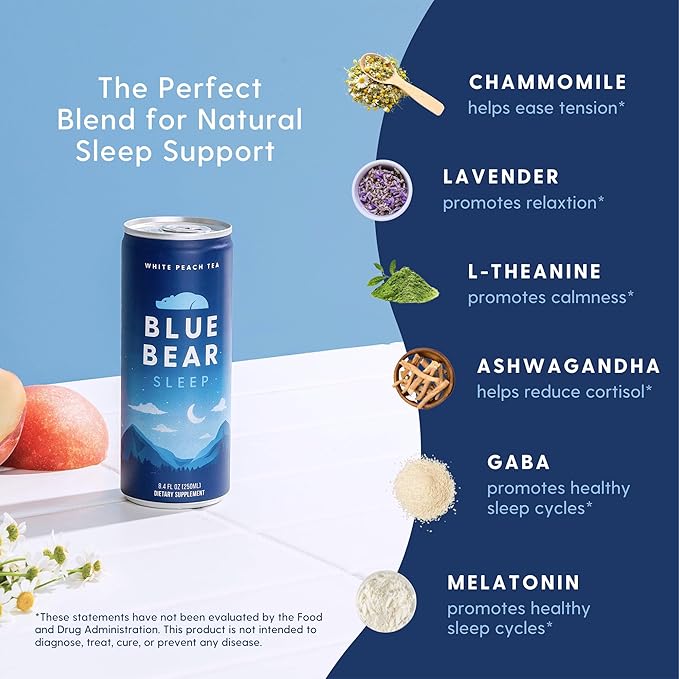Blue Bear Melatonin Sleep Drink Sleep Tea for Bedtime Support White Peach Tea with Melatonin (5mg) Lavender Ashwagandha Chamomile GABA L-Theanine Caffeine-Free Zero Sugar 8.4 Fl Oz 12-Pack