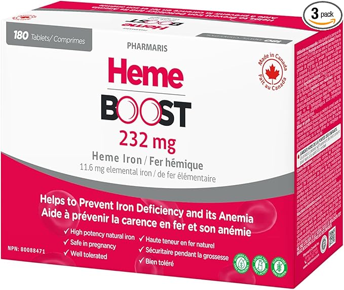 Hemeboost 11.6 mg (232 mg Heme Iron Pills) High Potency Iron Supplement for Women &amp Men High Absorption &amp Gentle on Stomach Safe for Use in Pregnancy 180 Tablets (Pack of 3)