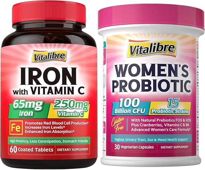 Magnesium Complex Supplement 6 in 1+ Women's Probiotics 100 Billion CFU + Iron Supplement 65mg Carbonyl Iron with 250mg Vitamin C