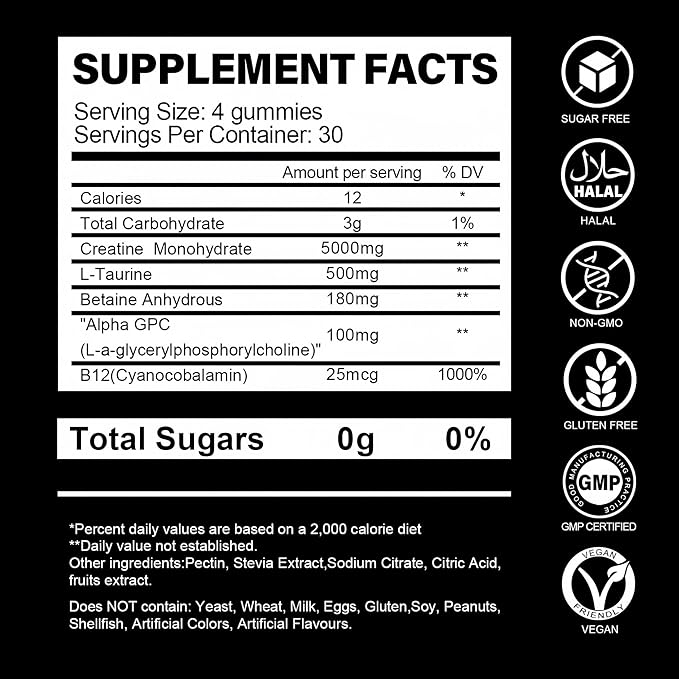 Sugar Free Creatine Monohydrate Gummies for Men &amp Women 5000mg Creatine Monohydrate Per Serving with L-Taurine Alpha GPC Betaine Anhydrous Natural Blueberry Flavor (120 Count)