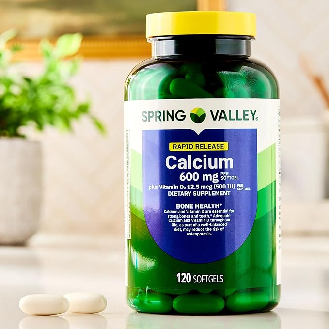 SUREFECT Spring Valley Calcium 600mg + Vitamin D3 1000IU - 120 Rapid-Release Softgels - Bone &amp Teeth Support Organizer.