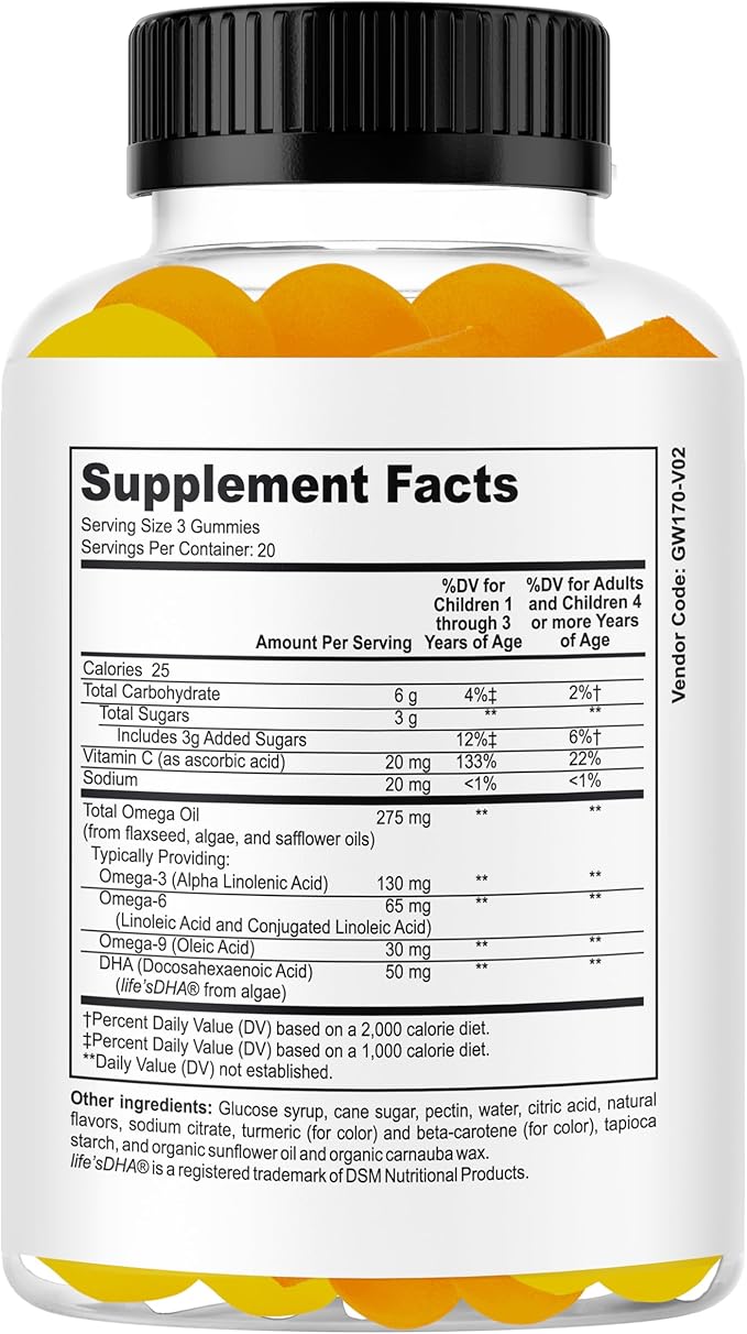 Kids Omega 3 Gummies with DHA &amp EPA – Omega 3 Supplement for Kids &amp Teens Supports Brain Focus &amp Memory Eye Health Great Taste Non-GMO 60 Count