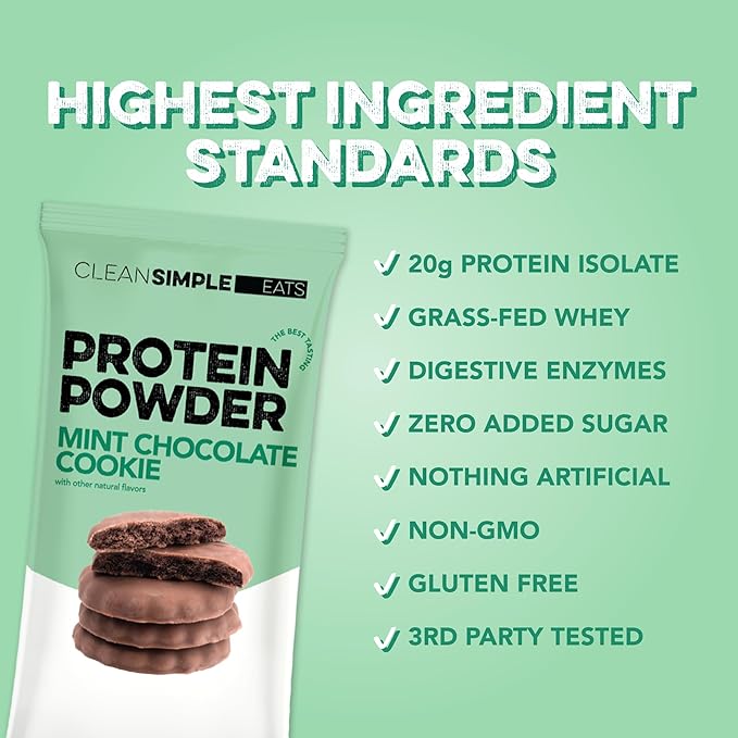 Clean Simple Eats Whey Protein Powder Mint Chocolate Cookie Flavor Naturally Sweetened 100% Grass Fed Protein Powder with Digestive Enzymes No Artificial Ingredients Gluten Free 10 Stick Packs