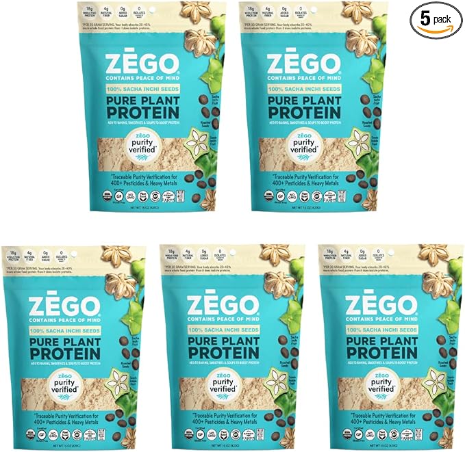ZEGO Organic 100% Sacha Inchi Seed Protein Purity Tested Gluten Free Top 14 Allergy and Corn Free Soy Free Vegan 15oz (Bundle of 5 Bags)