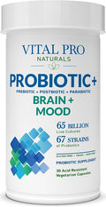 Vital Pro Naturals - Brain &amp Mood Probiotics + Prebiotics Postbiotics Parabiotics 4-in-1 Health Supplement for Adults High Potency 67 Strains Digestive Brain and Immune Health 30 ct