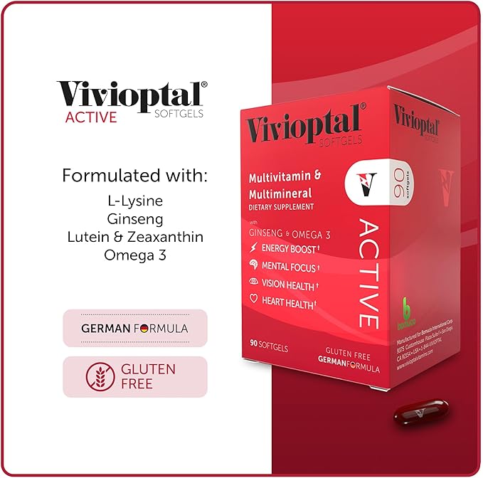 Vivioptal Active 90 Softgels Ginseng &amp Omega 3 Multivitamin &amp Multimineral Gluten Free German Formula