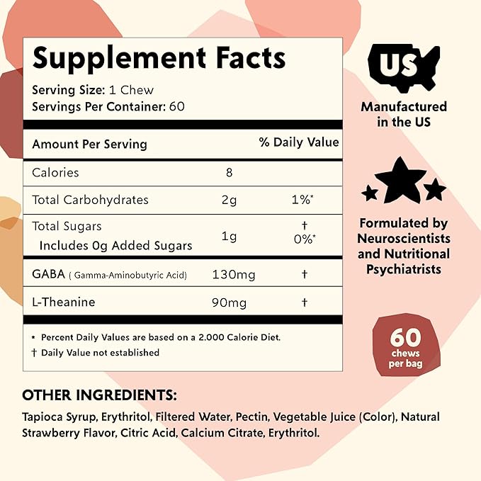PYM Berry Mood Chews Support for Stress Worry &amp Overwhelm 60 Count | 130mg GABA 90mg L-Theanine | VeganNon-GMO Gluten-FreeNo Added Sugar | All-Natural Mood Balance Supplement in Resealable B