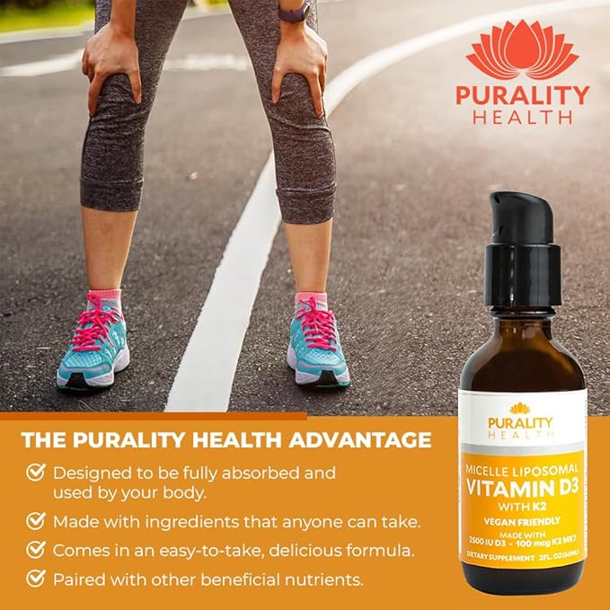 PURALITY HEALTH Vitamin D3 with K2 Liquid Supplement Vegan Micelle Liposomal Enhanced Absorption Non-GMO 30 Day Supply