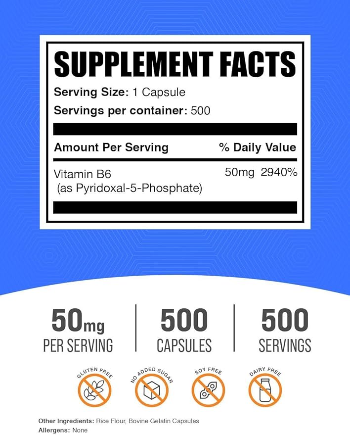 BulkSupplements.com Pyridoxal 5 Phosphate Capsules - P5P Supplement Vitamin B6 Supplement - Essential &amp Gluten Free 1 Capsule per Serving 50mg Serving 500 Count (Pack of 1)