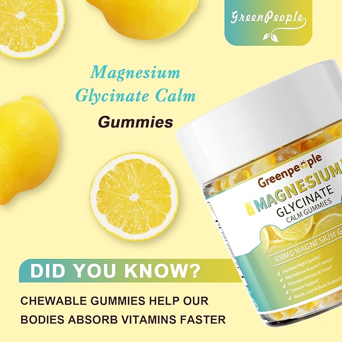 GREENPEOPLE Magnesium Glycinate Gummies 400mg - Sugar Free Magnesium Supplement with Magnesio Citrate Vitamin D and B6 for Calm Support &amp Sleep for Adults - High Absorption - Lemon Gummies