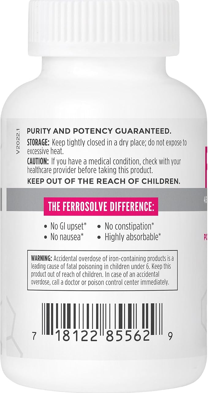 NBI FerroSolve Best Absorption Iron Supplement 45 mg | High Potency | GI Safe | 30ct Veggie Capsules