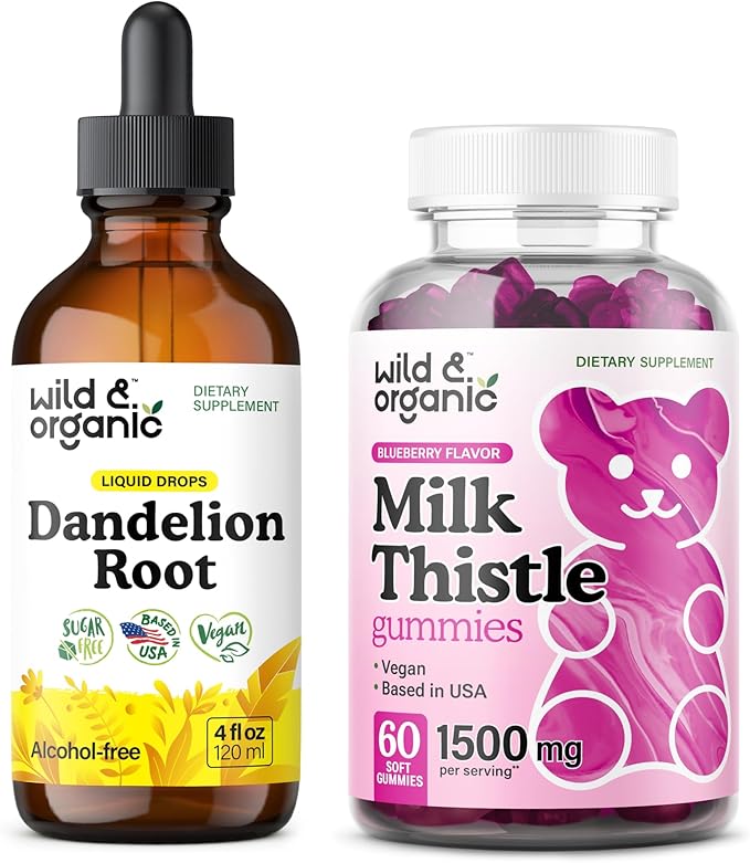 Wild &amp Organic Dandelion Root Tincture 4 fl oz &amp Milk Thistle Gummies 60 Count