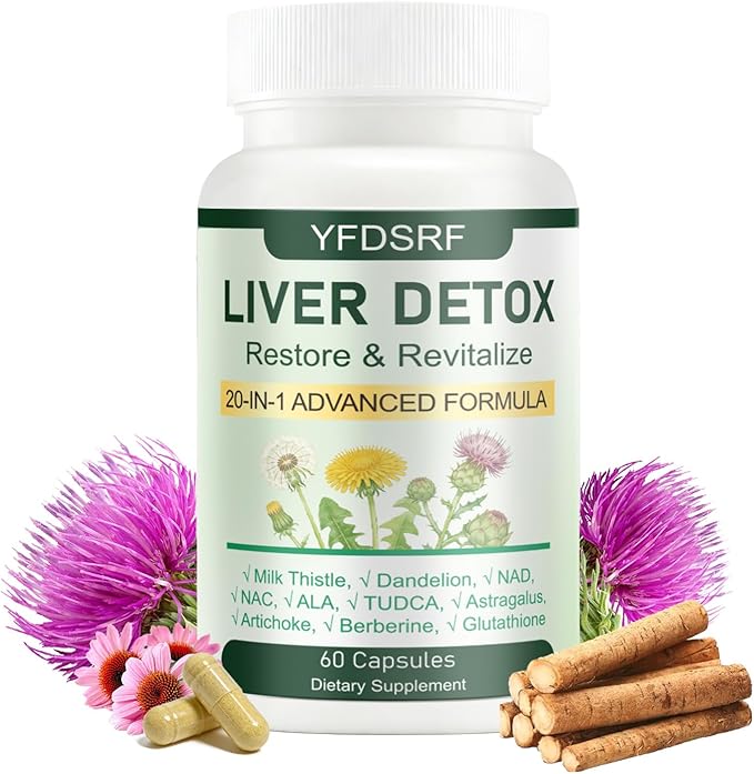 Liver Detox Capsules - 20-in-1 Herbal Supplement with Milk Thistle Turmeric Artichoke &amp Dandelion Root for Liver Cleanse Fatty Liver Support &amp Digestive Balance Vegan Formula 60 Capsules