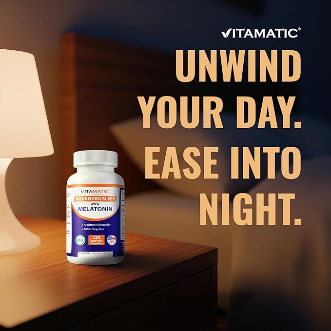 Vitamatic Advanced Sleep Aid with Melatonin - 120 Vegetable Capsules Made with B6 Magnesium L-Theanine L-Tryptophan 5-HTP GABA Valerian Chamomile Passion Flower Ashwagandha &amp Black Pepper