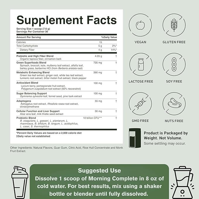 ACTIVATEDYOU Morning Complete Daily Wellness Greens Superfood Drink Mix for Gut Health w/Prebiotics Probiotics Antioxidants Green Superfoods 10 Billion CFUs 30 Servings (Apple Cinnamon)