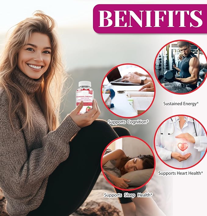 Magnesium L-Threonate Gummies - with Vitamin D K2 &amp Omega-3 Fish Oil - Natural Berry Flavor 90 Gummies